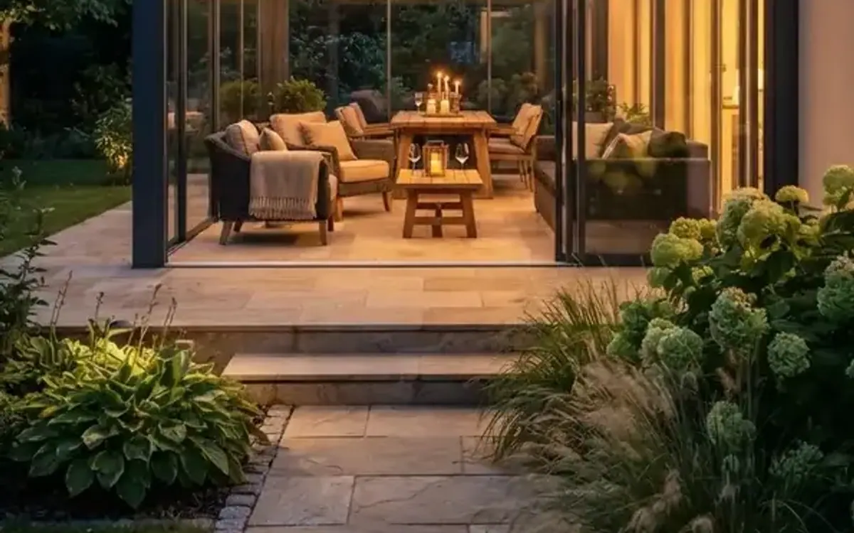 Pergola mit Lamellendach und Beleuchtung am Abend