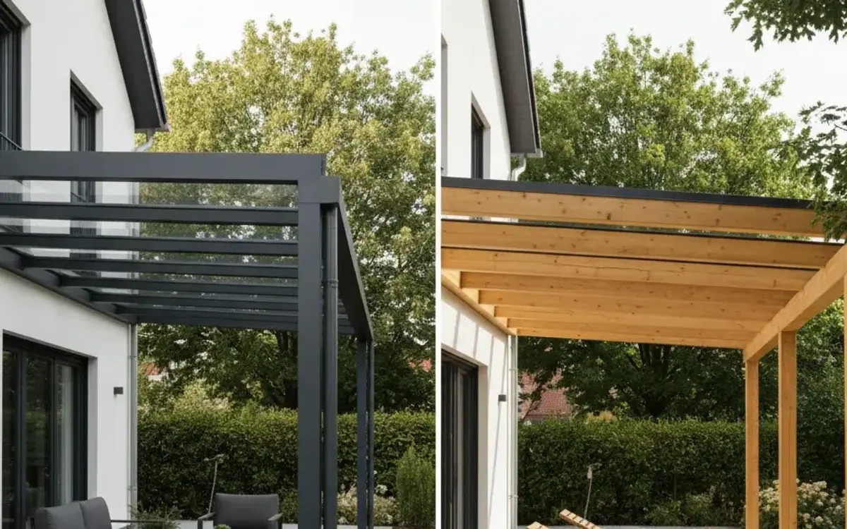 Terrassenüberdachung aus Holz und aus Aluminium