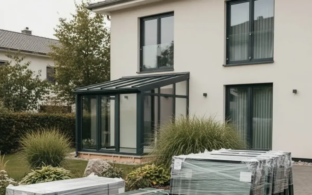 Wintergarten-Bausatz auf Paletten vor dem Haus
