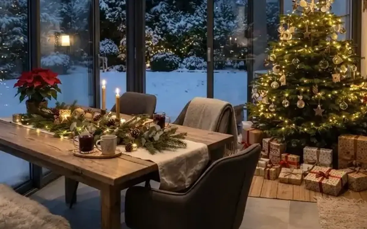 Weihnachtsbaum und gedeckter Tisch im Wintergarten, draußen Schnee