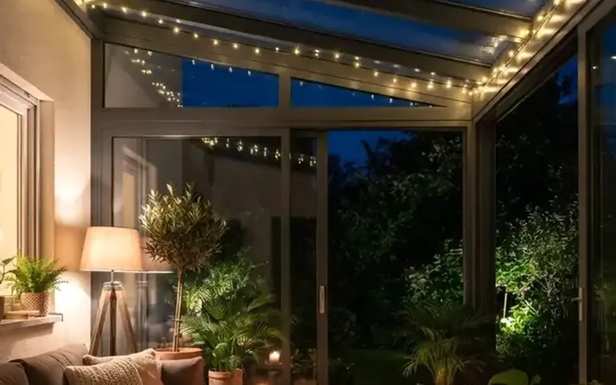 Wintergarten am Abend mit Lichterkette, Stehleuchte und Pflanzen