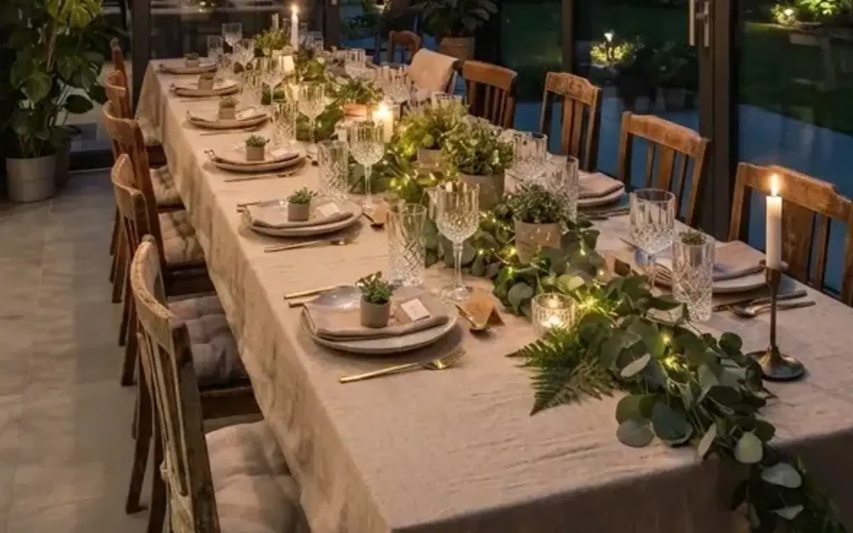 Festlich gedeckte lange Tafel mit Kerzen und Grün im Wintergarten