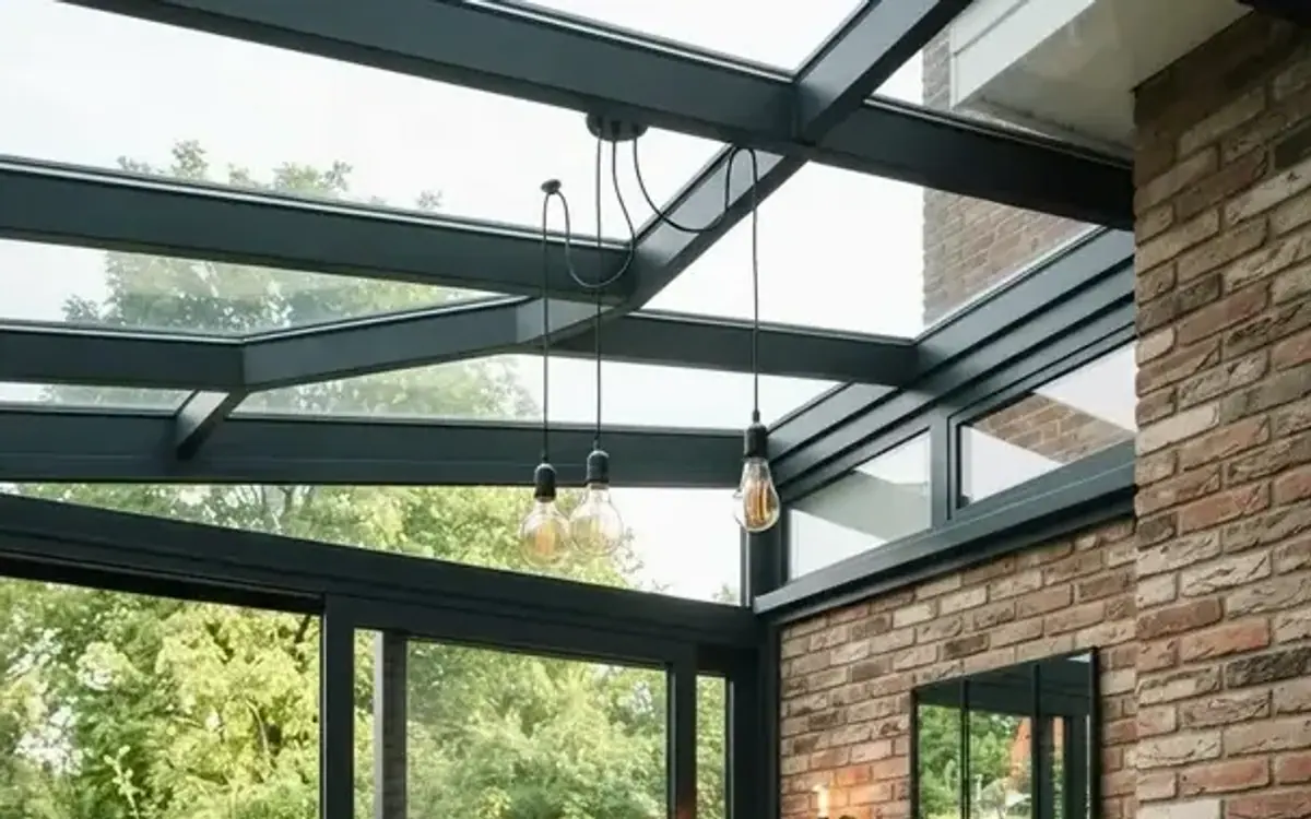 Wintergarten im Industrial-Stil mit Ziegelwand und Ledersofa