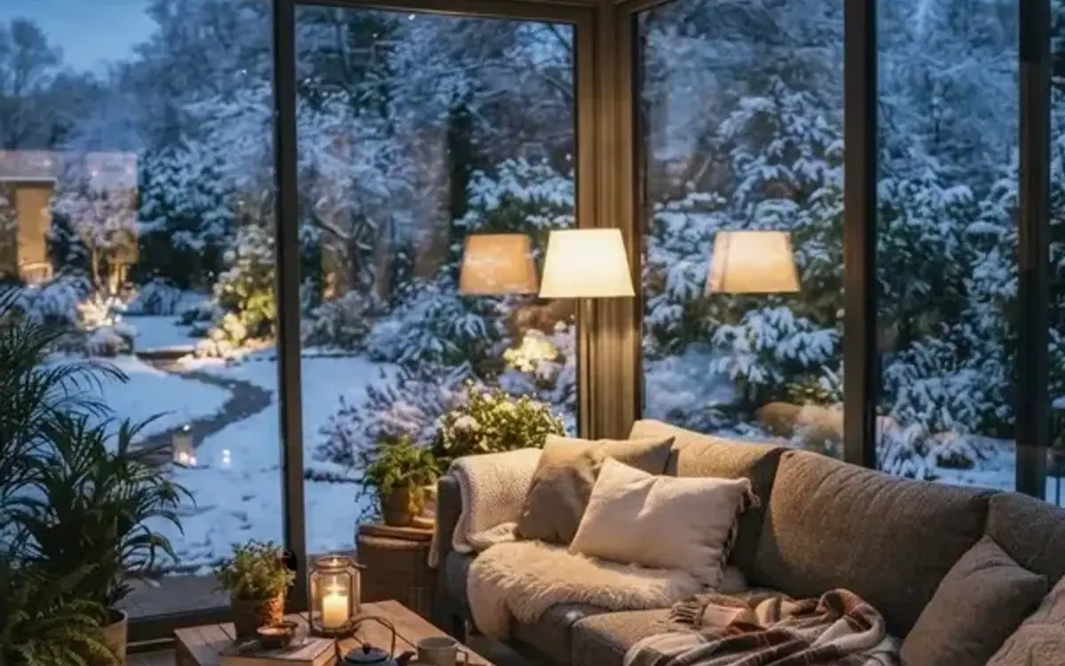Sofa mit Kissen und Decken im Wintergarten mit Blick in den verschneiten Garten