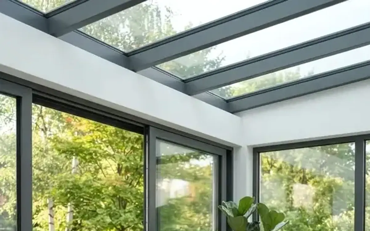 Wintergarten mit weißen Wänden, dunklen Profilen und großen Glasflächen