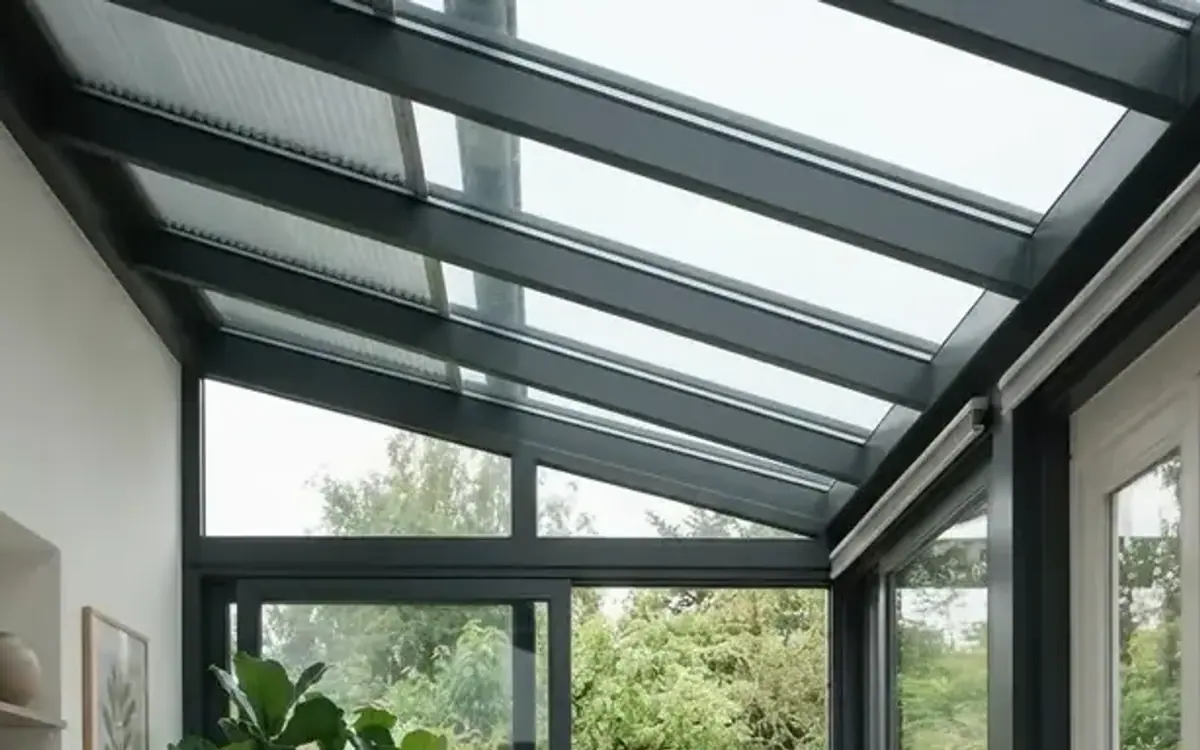 Wintergarten mit weißer Wand und teilweise beschattetem Glasdach