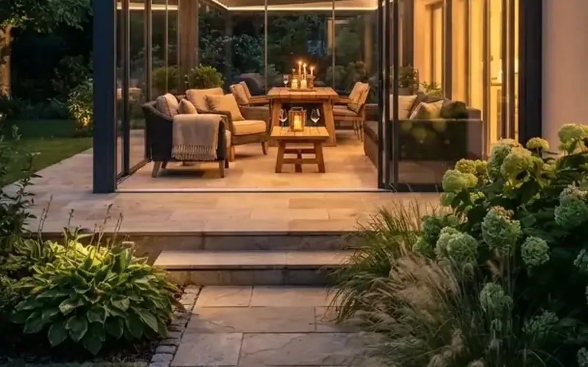 Sommergarten mit Lamellendach und Beleuchtung am Abend