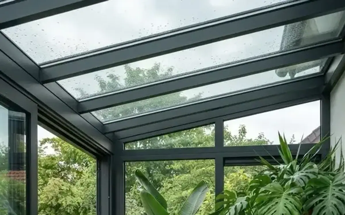 Wintergarten mit tropischen Pflanzen und Rattansessel