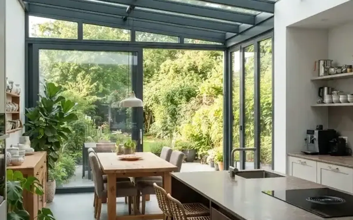 Wohnküche mit Kochinsel und Esstisch in einem Glasanbau