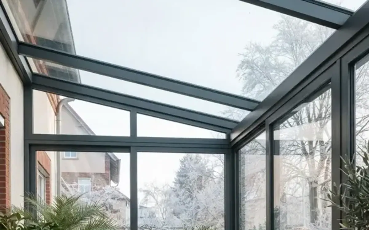 Wintergarten mit Glasdach, draußen ein Garten mit Raureif