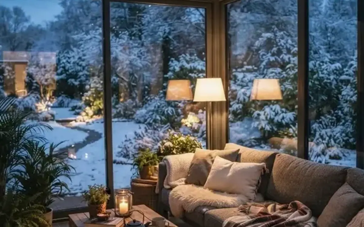 Wohnwintergarten mit Sofa im Winter