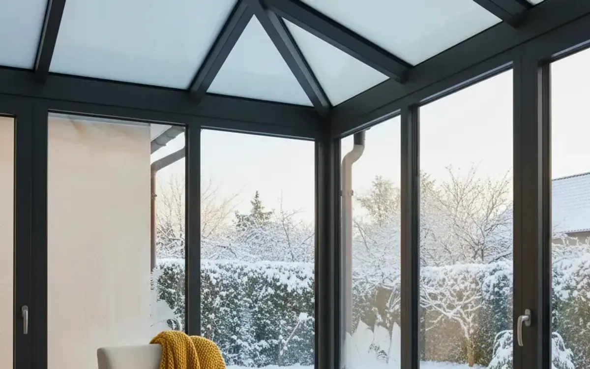 Beheizter Wohnwintergarten im Winter mit Blick in den verschneiten Garten